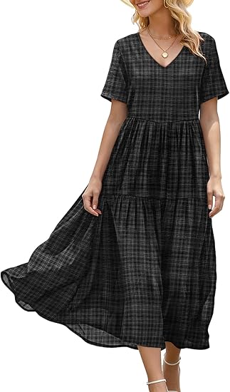 Women's Summer Maxi Dresses Casual Floral Short Sleeve V Neck Boho Beach Vacation Swing Dress with Pockets EVF