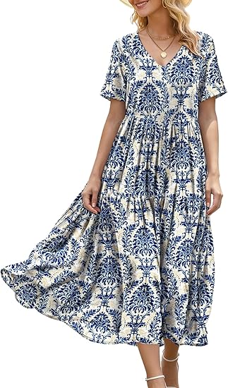 Women's Summer Maxi Dresses Casual Floral Short Sleeve V Neck Boho Beach Vacation Swing Dress with Pockets EVF