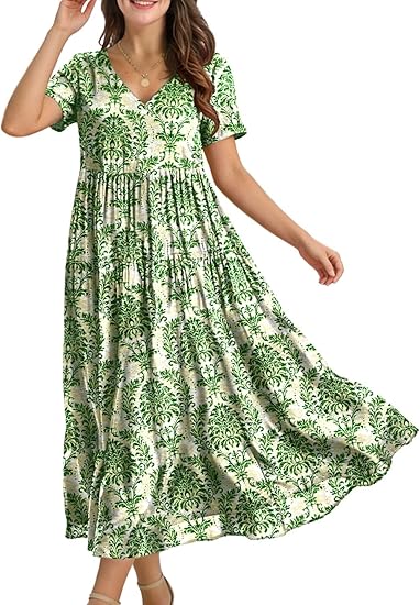 Women's Summer Maxi Dresses Casual Floral Short Sleeve V Neck Boho Beach Vacation Swing Dress with Pockets EVF