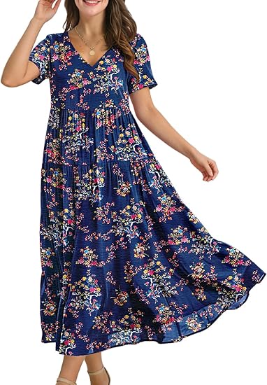 Women's Summer Maxi Dresses Casual Floral Short Sleeve V Neck Boho Beach Vacation Swing Dress with Pockets EVF