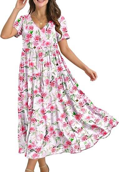 Women's Summer Maxi Dresses Casual Floral Short Sleeve V Neck Boho Beach Vacation Swing Dress with Pockets EVF